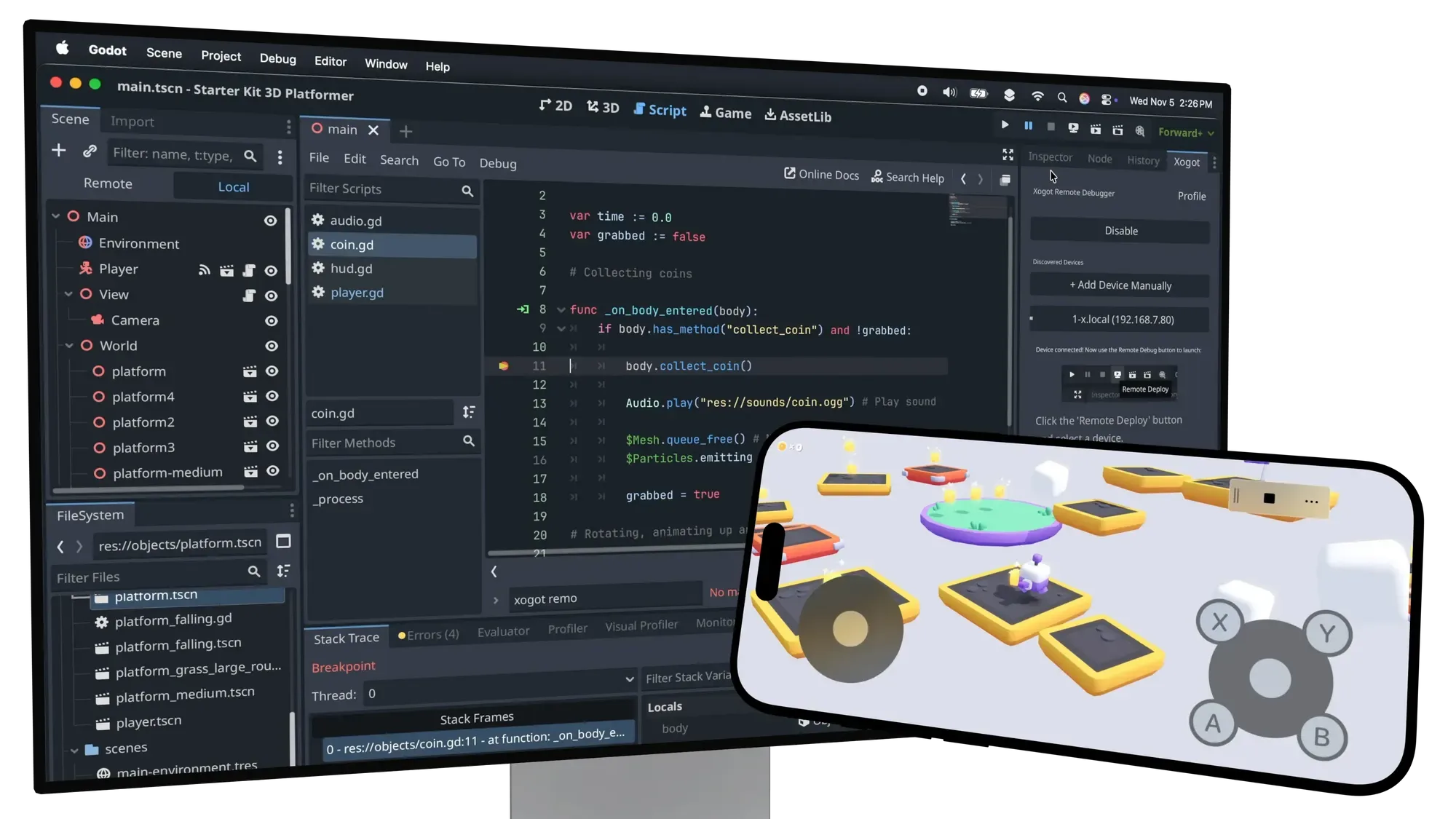 Xogot Connect ejecutándose entre Godot de escritorio y un iPhone.
