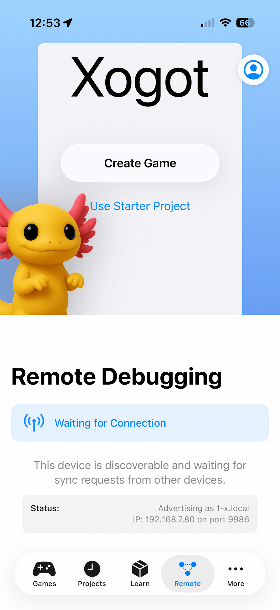 A connected iPhone running Xogot.