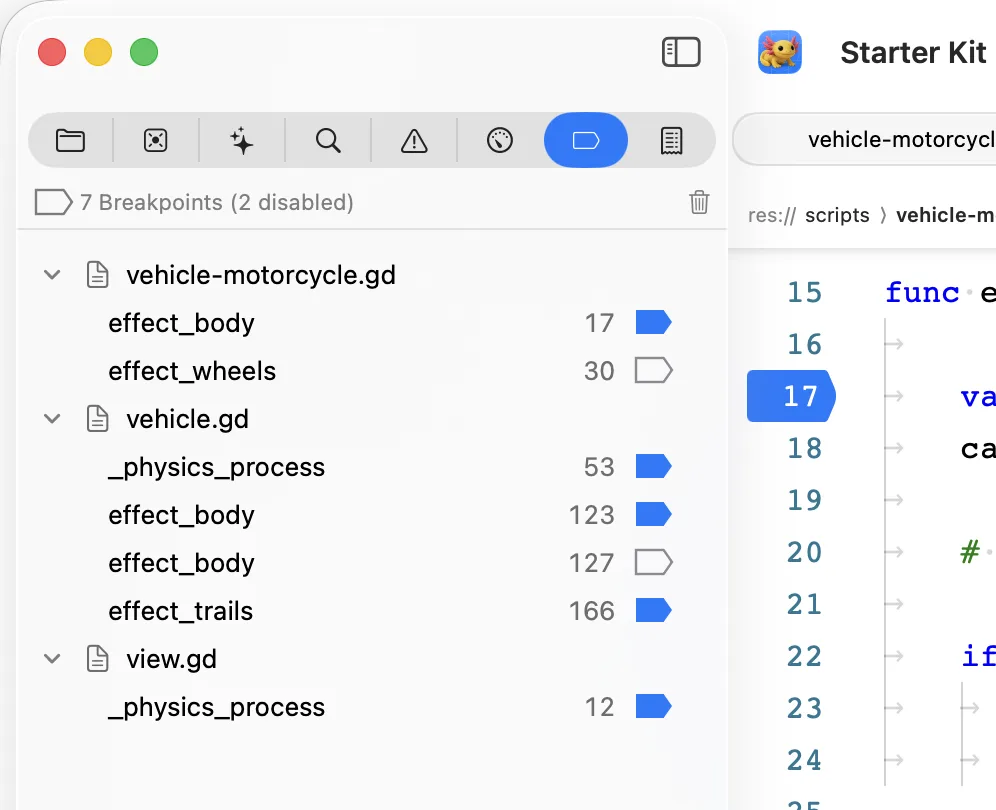 The breakpoint navigator in Xogot for Mac.