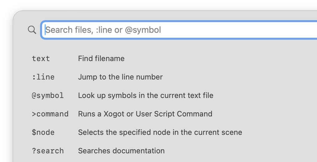 The command palette in Xogot for Mac.