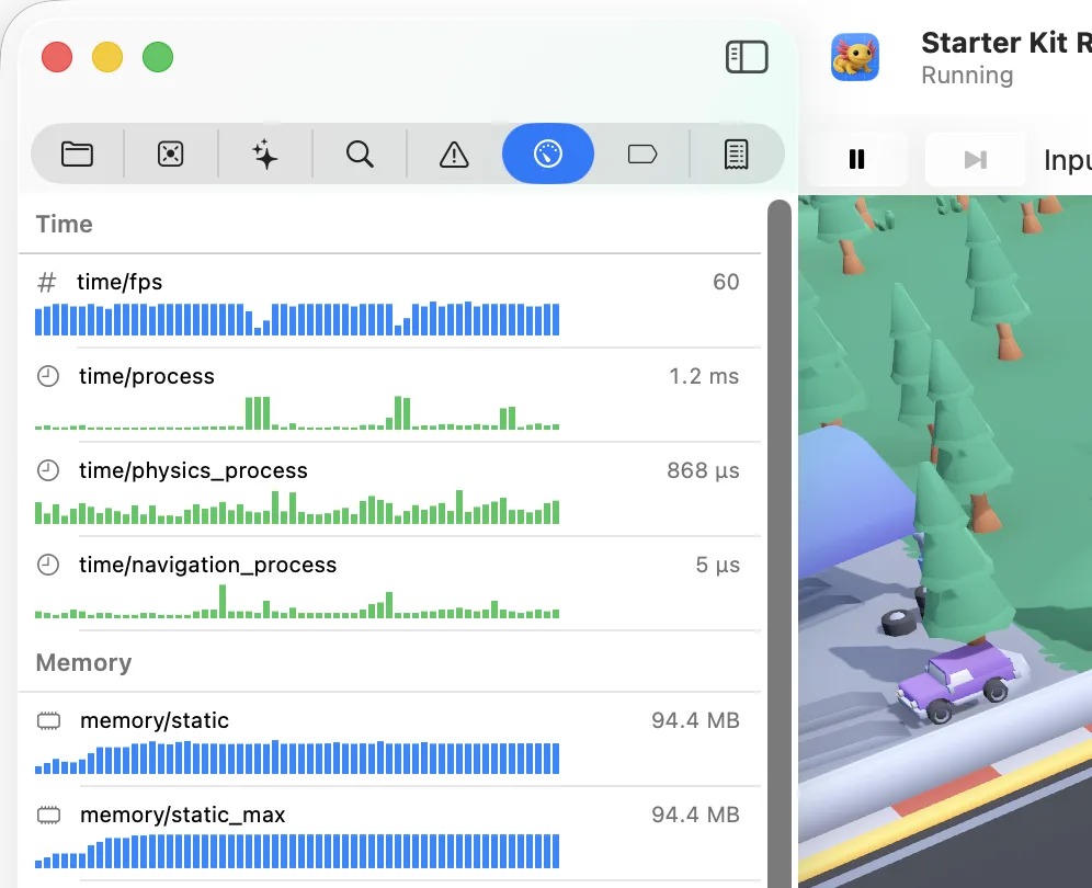 The debug navigator in Xogot for Mac.