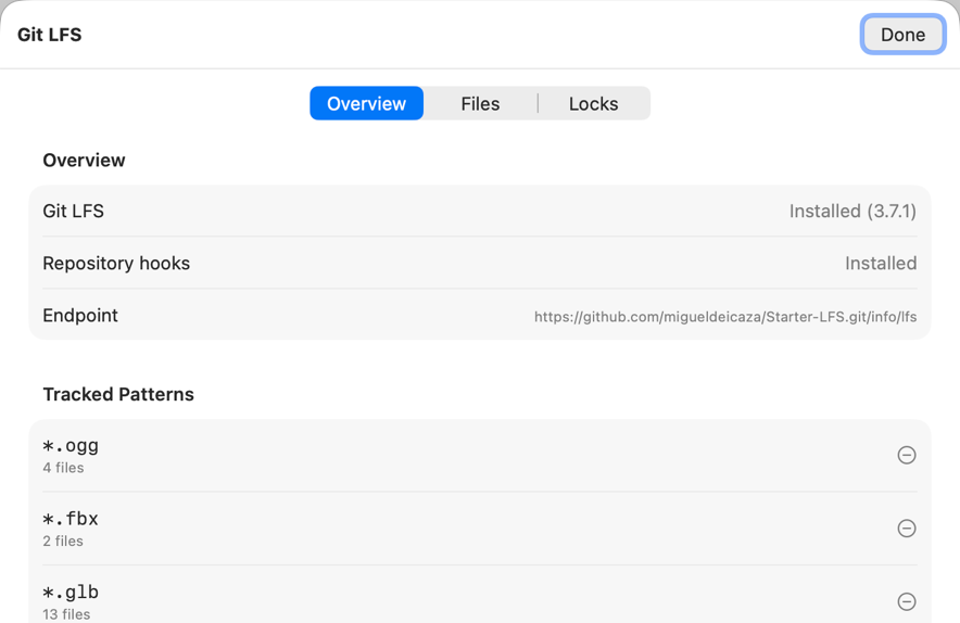 The Git LFS overview in Xogot showing installation status and tracked file patterns.