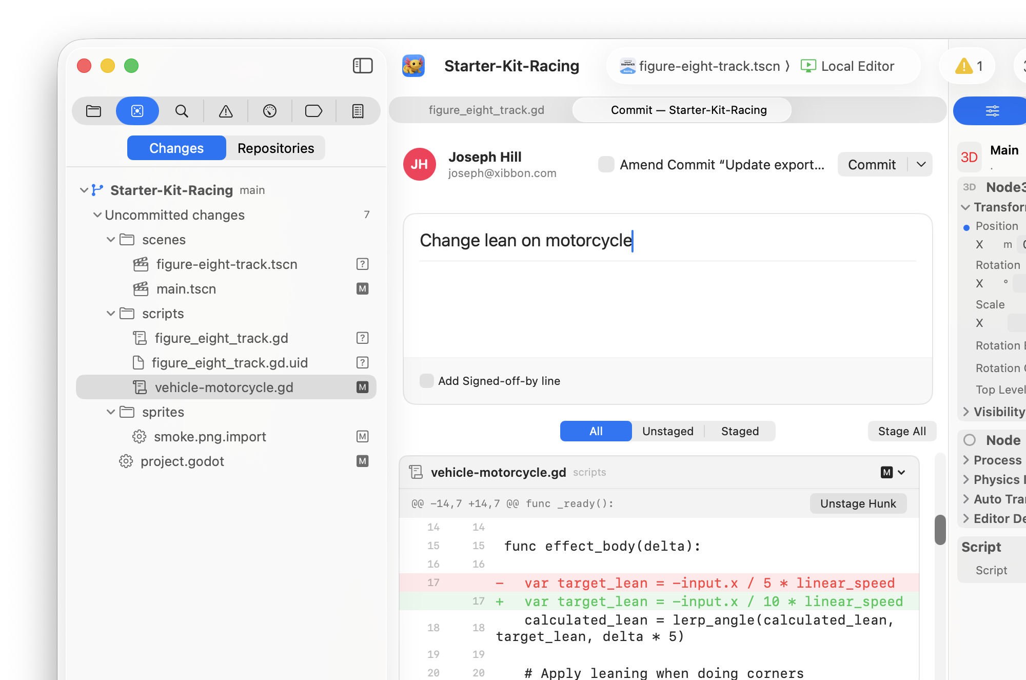 The Xogot commit view showing a commit message, staged change controls, and a scene diff.