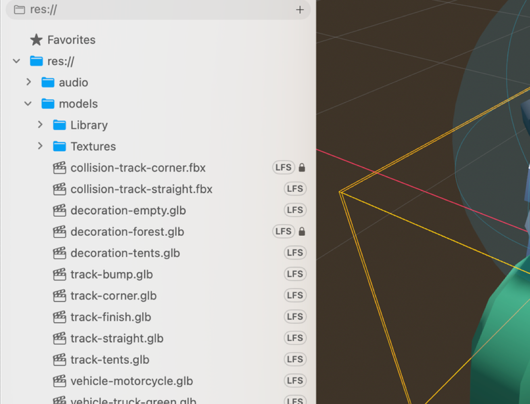 A Xogot 3D scene with the file pad showing changed project files.