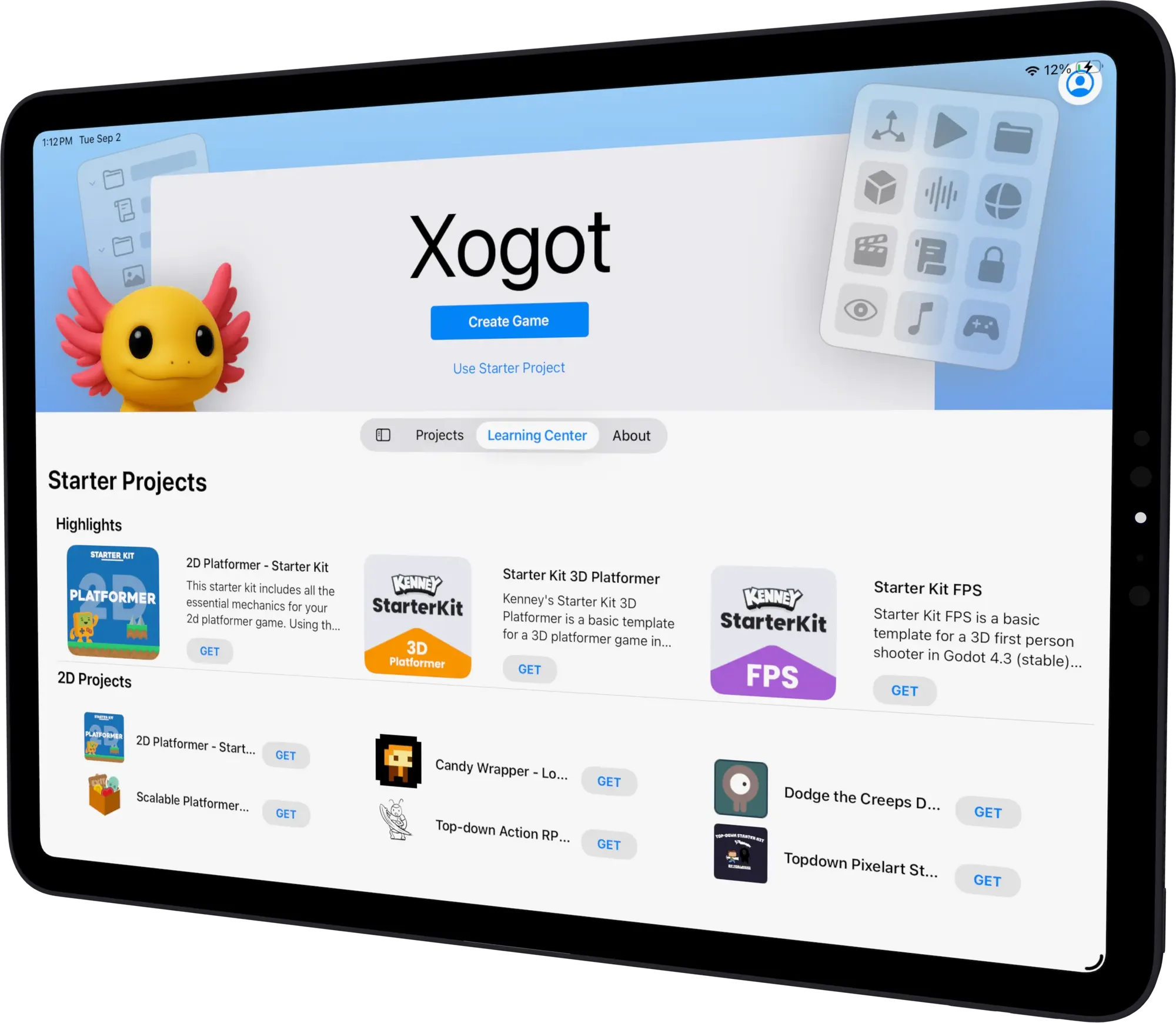 Scène de projet de démarrage dans Xogot.