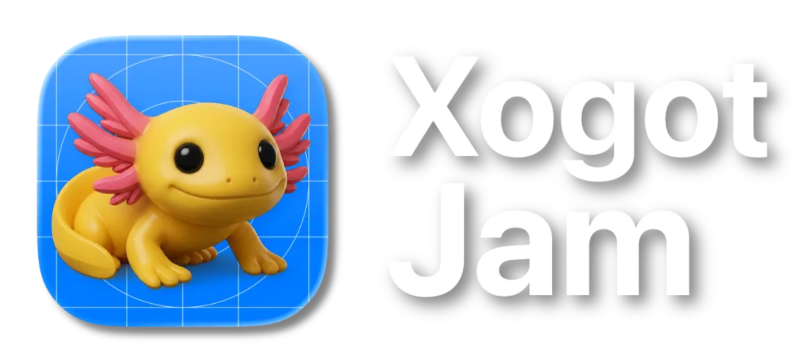 Xogot Jam logo with the Xogot axolotl app icon.